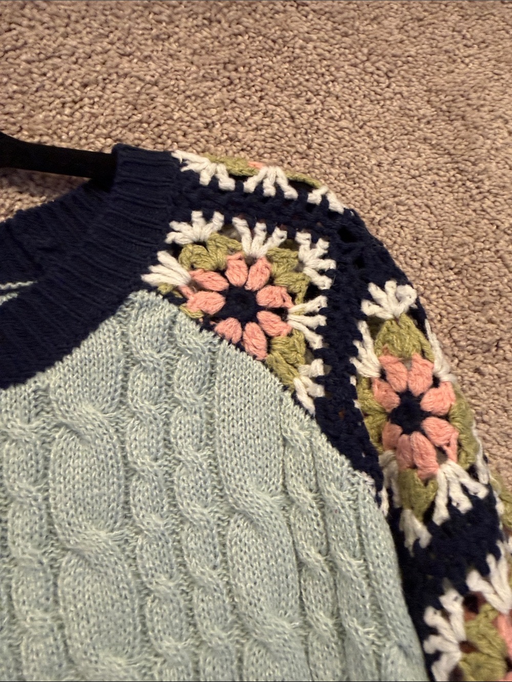 DAVI & DANI Navy and Light Blue Crochet Floral Sleeve Cable Knit Sweater - Picture 12 of 16